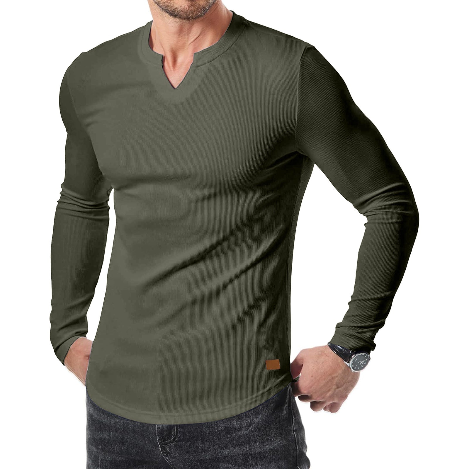 Men's V-neck Ribbed Long-sleeved T-shirt