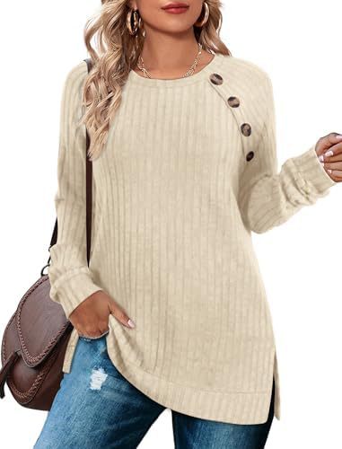 Round neck raglan sleeve T-shirt buttoned waist and side slit long-sleeved top