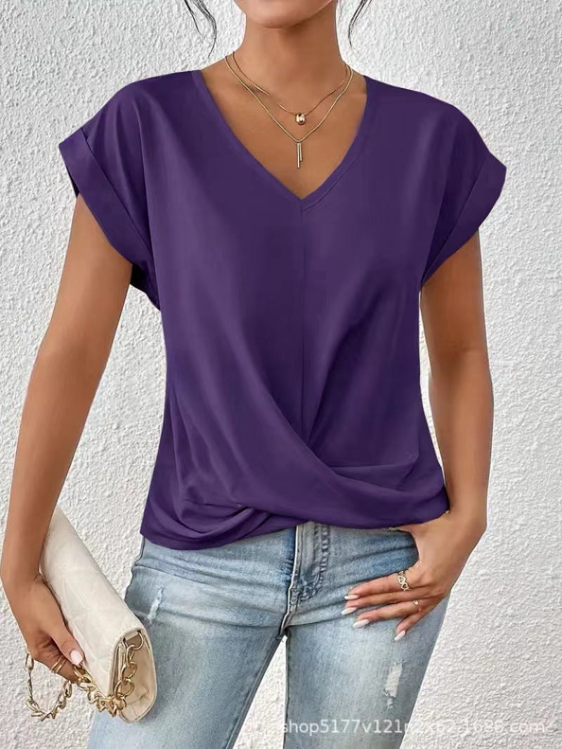 Popular solid color V-neck T-shirt, elegant short-sleeved top