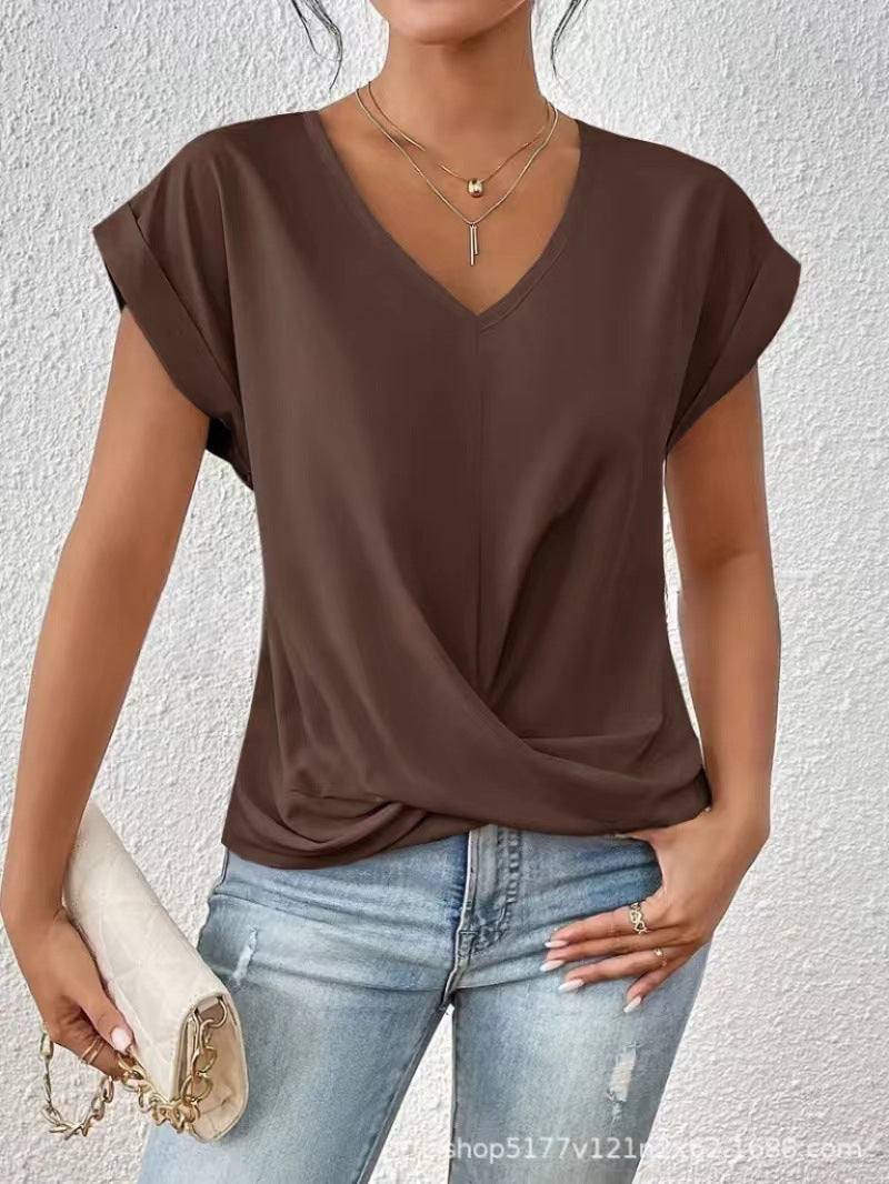 Popular solid color V-neck T-shirt, elegant short-sleeved top