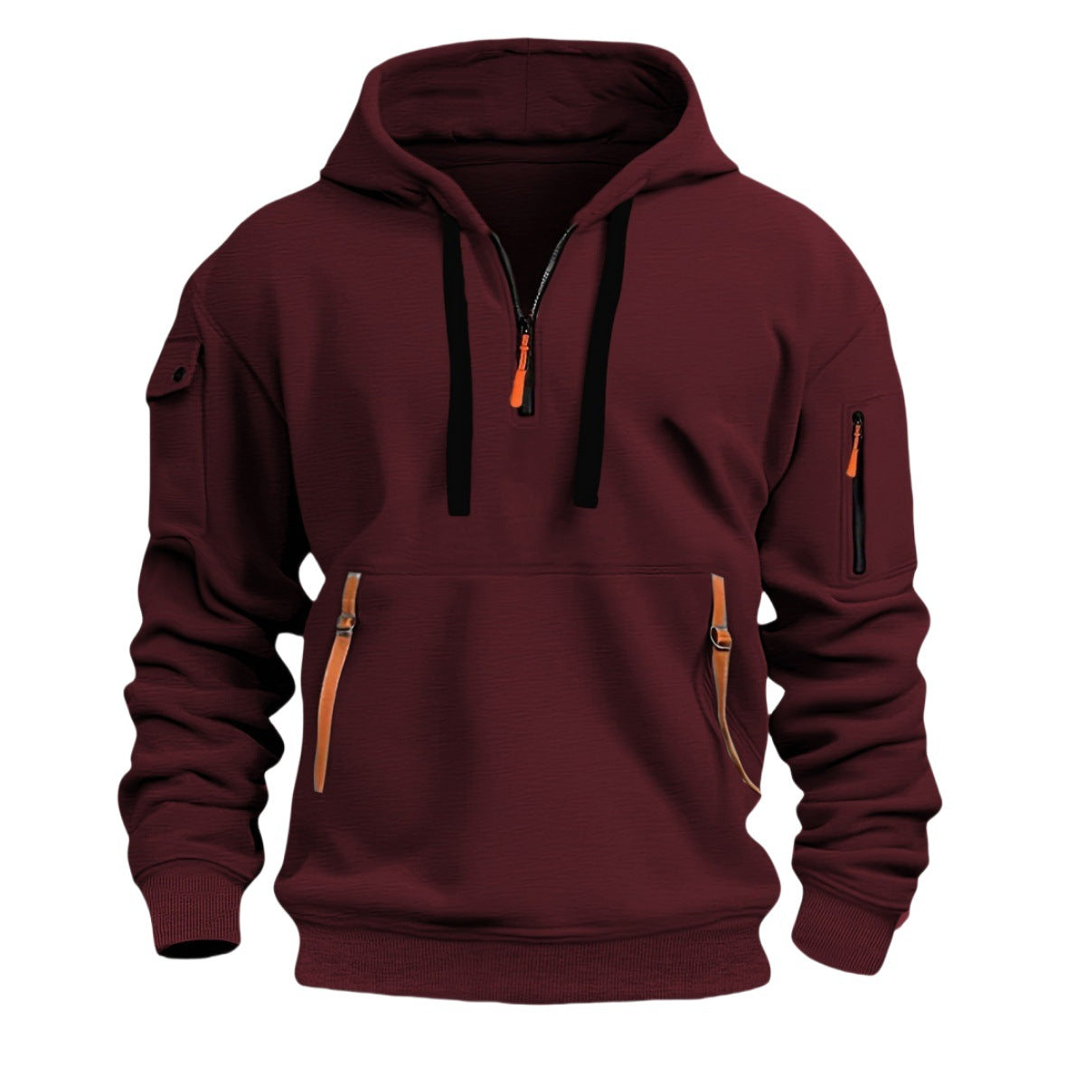 Zippered hooded sweatshirt with multiple pockets, men's sports casual jacket
