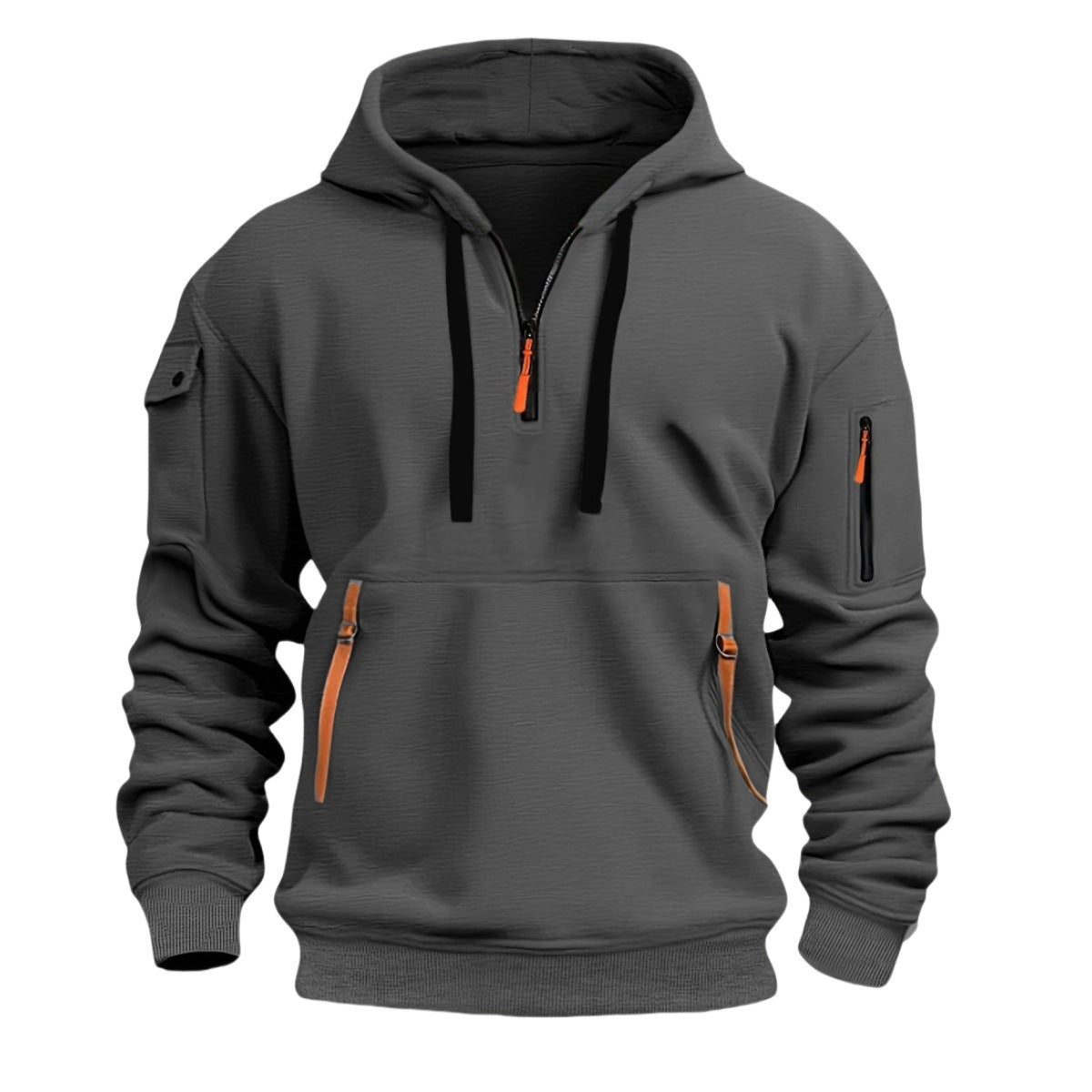 Zippered hooded sweatshirt with multiple pockets, men's sports casual jacket