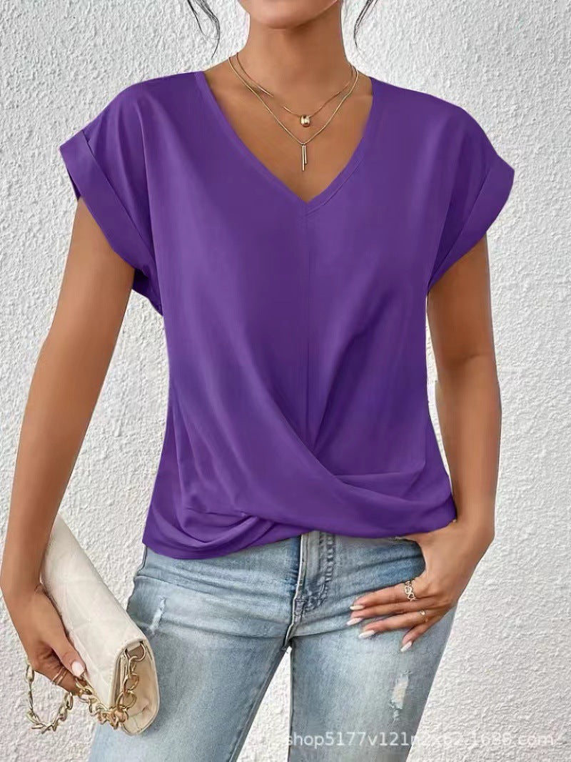Popular solid color V-neck T-shirt, elegant short-sleeved top