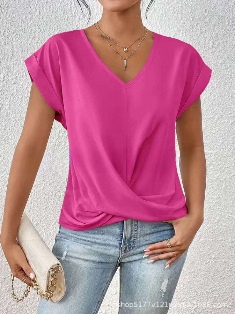 Popular solid color V-neck T-shirt, elegant short-sleeved top