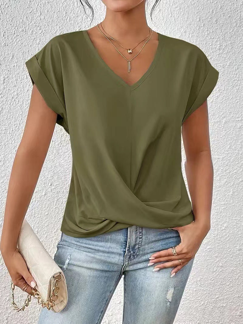 Popular solid color V-neck T-shirt, elegant short-sleeved top