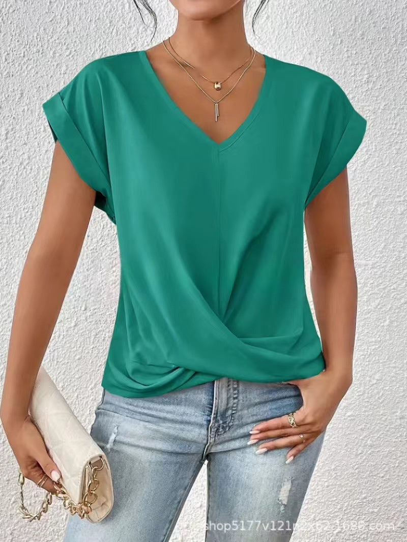 Popular solid color V-neck T-shirt, elegant short-sleeved top